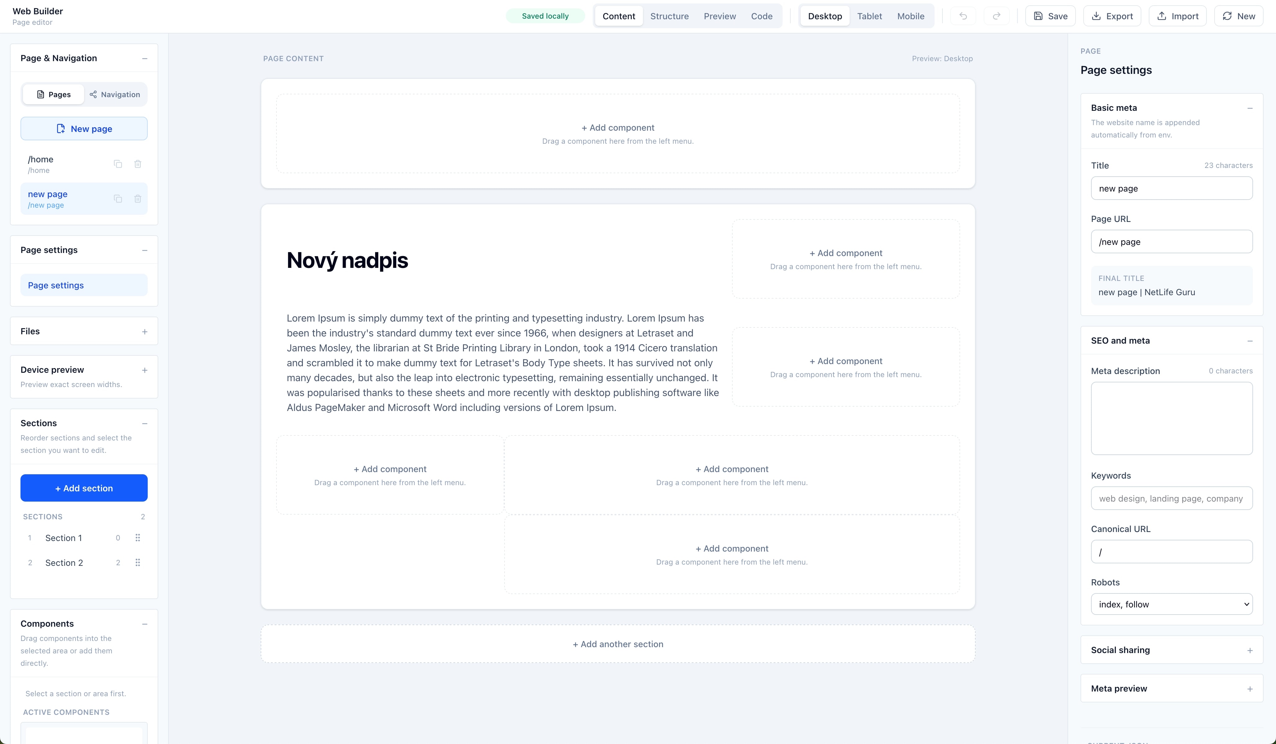 Aktuálny React a Tailwind web builder NetLife Guru